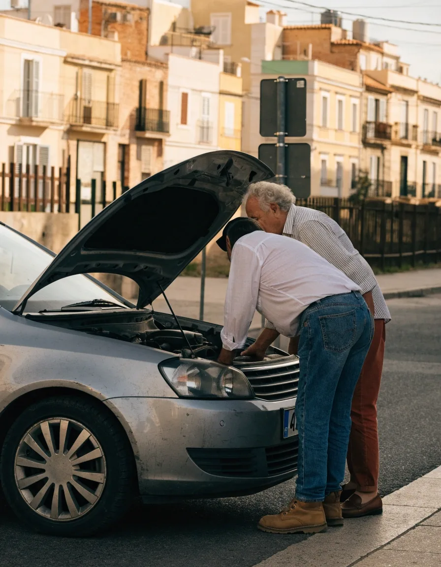 Comprador y vendedor junto al coche revisando la documentación del vehículo antes de firmar