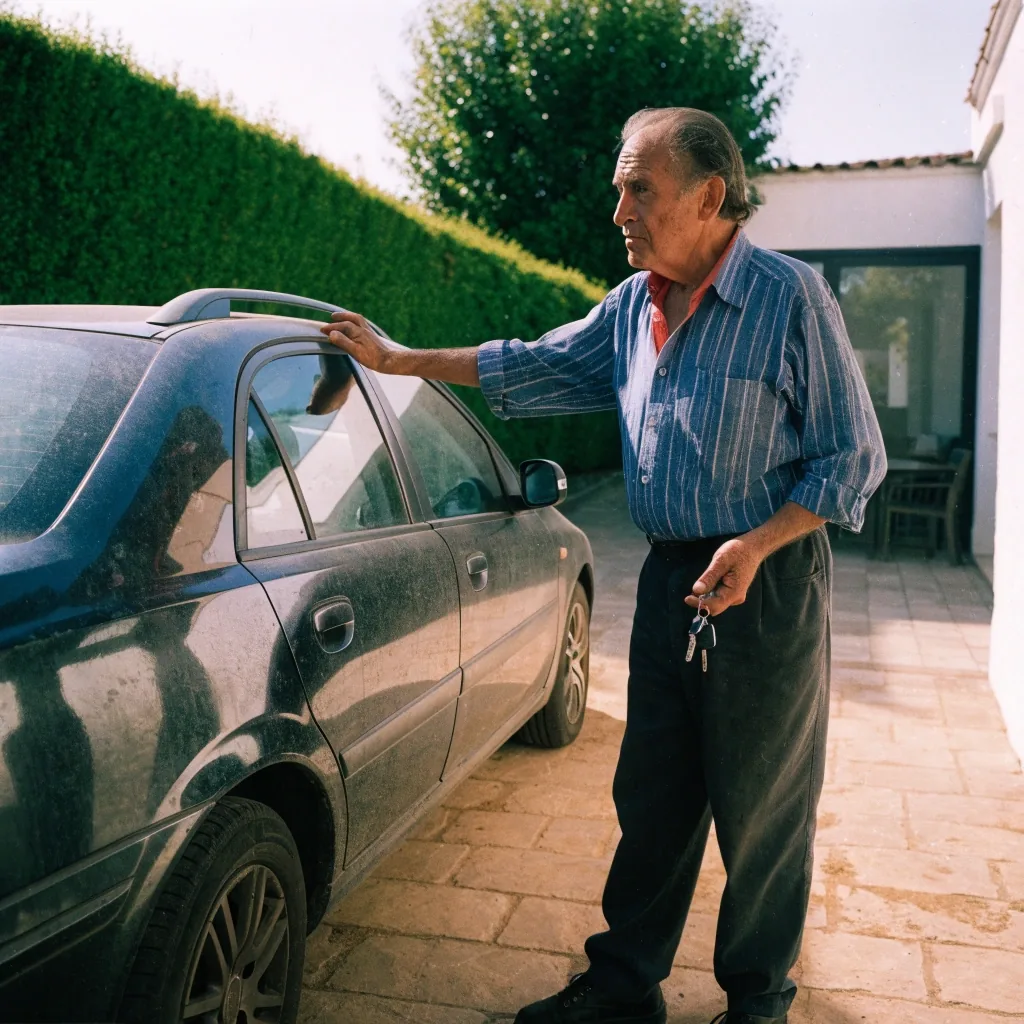 Vendedor junto a su coche con las llaves en la mano antes de entregarlo al comprador
