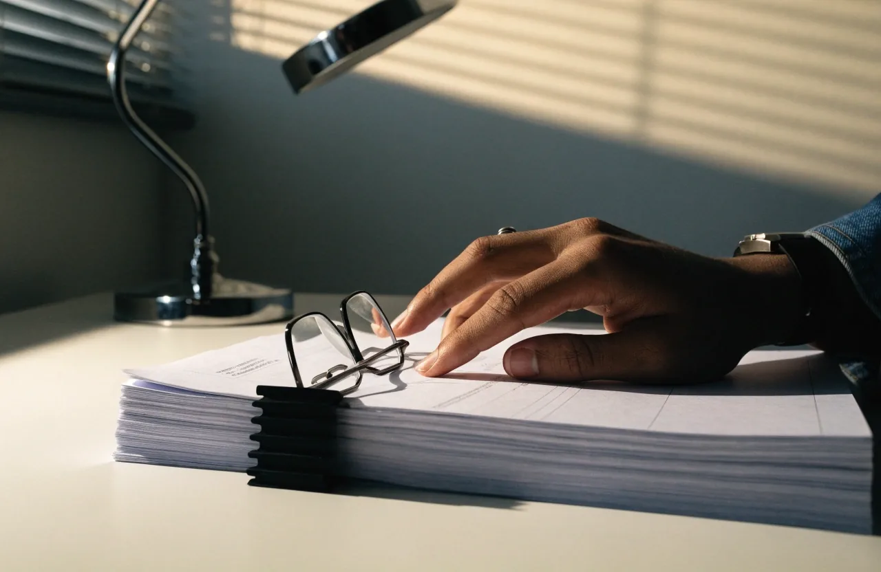 Detalle de una carpeta cerrada y unas gafas de lectura sobre una mesa, en un despacho tranquilo