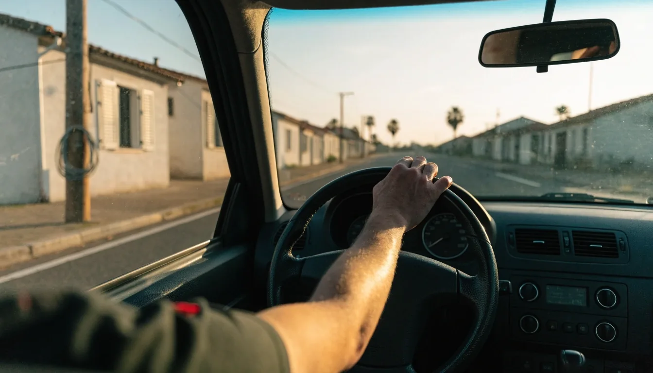 Interior de un coche por la mañana con la mano apoyada en el volante