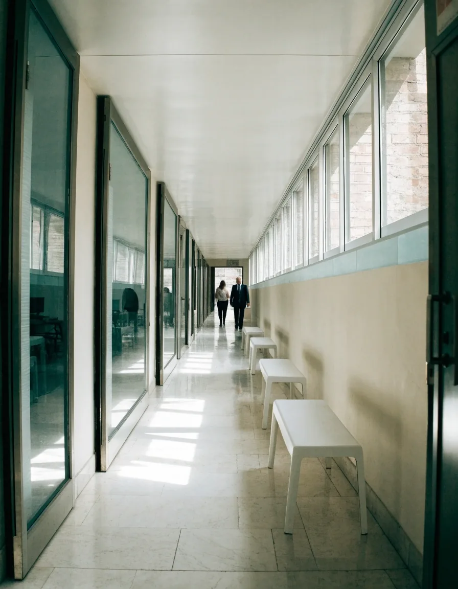 Manos sosteniendo una carpeta de documentos en un pasillo de un edificio administrativo