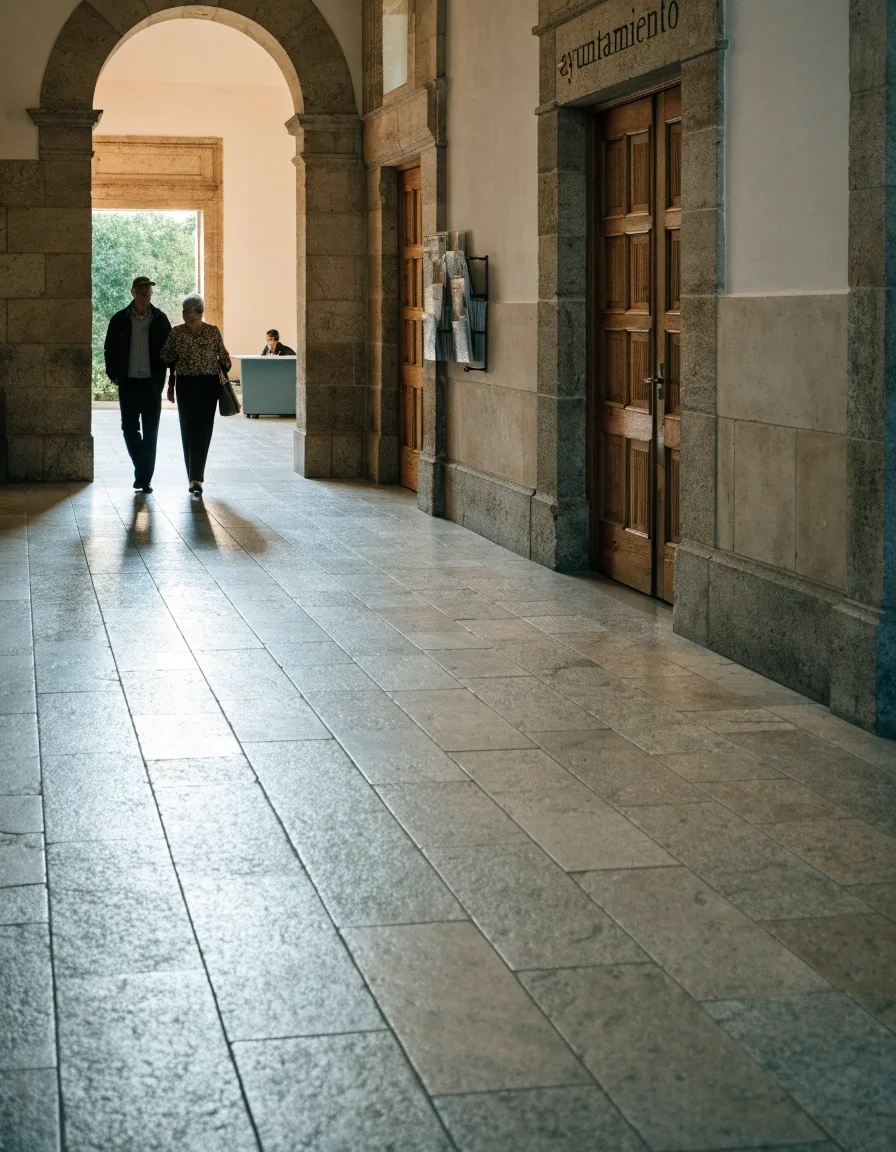 Mostrador de oficina municipal con una persona rellenando un formulario en un portapapeles