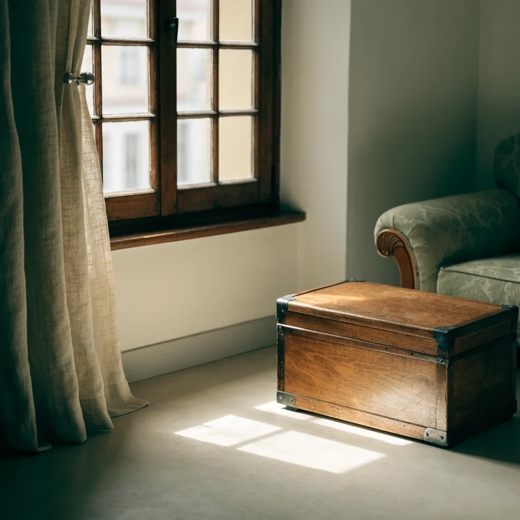 Carpeta cerrada junto a unas gafas de lectura sobre una mesa, en una sala tranquila con luz de mañana