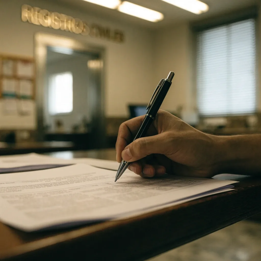 Mano con bolígrafo sobre un mostrador de registro civil
