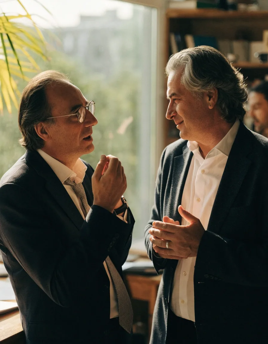 Dos miembros del equipo editorial comparando un documento impreso con una pantalla en una oficina luminosa