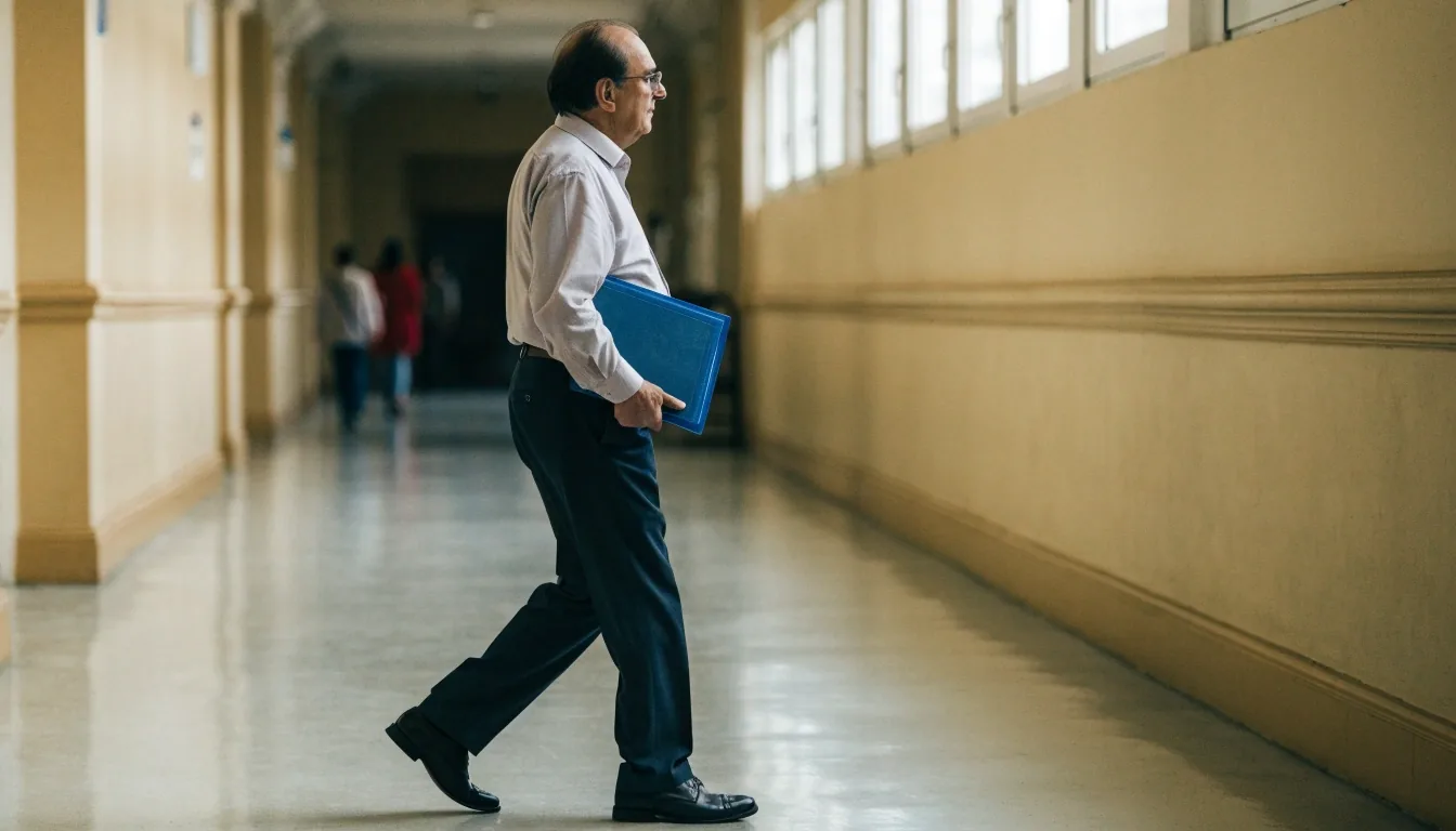 Persona de unos sesenta años caminando por el pasillo luminoso de un edificio de servicios públicos