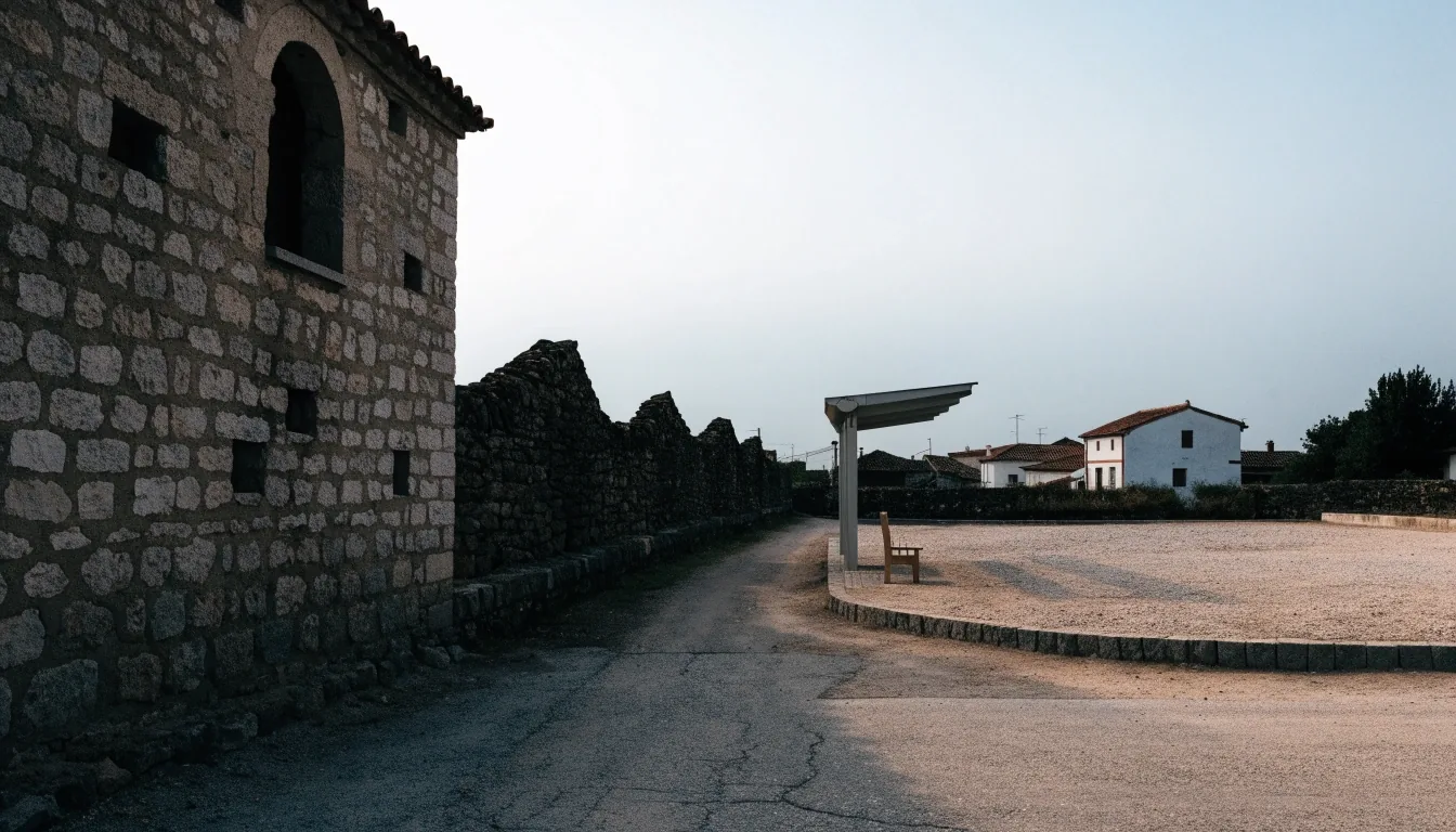 Calle de un pueblo español en una mañana de luz plana, con plaza y marquesina de autobús