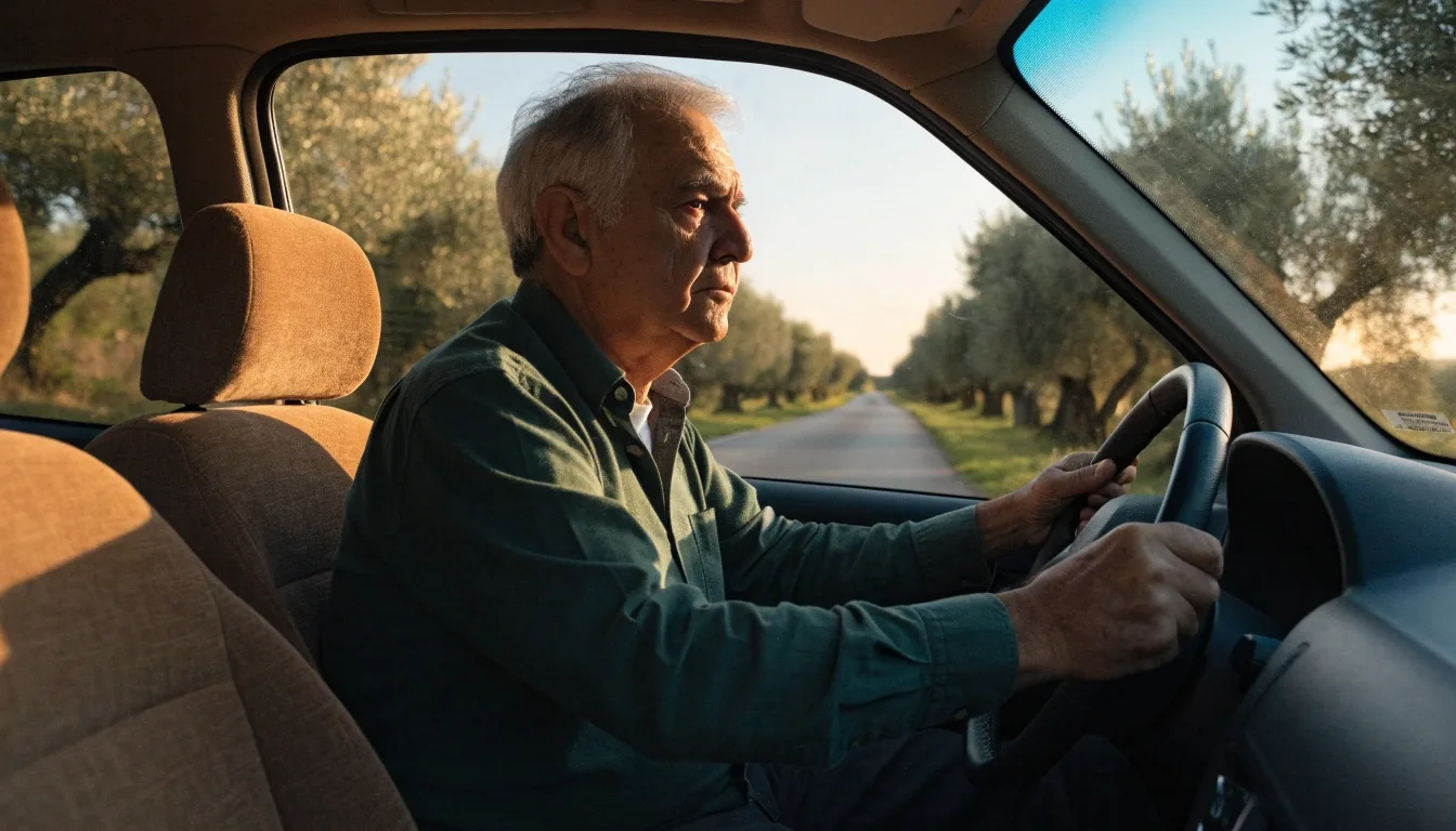 Conductor mayor en una carretera rural española con luz de mañana