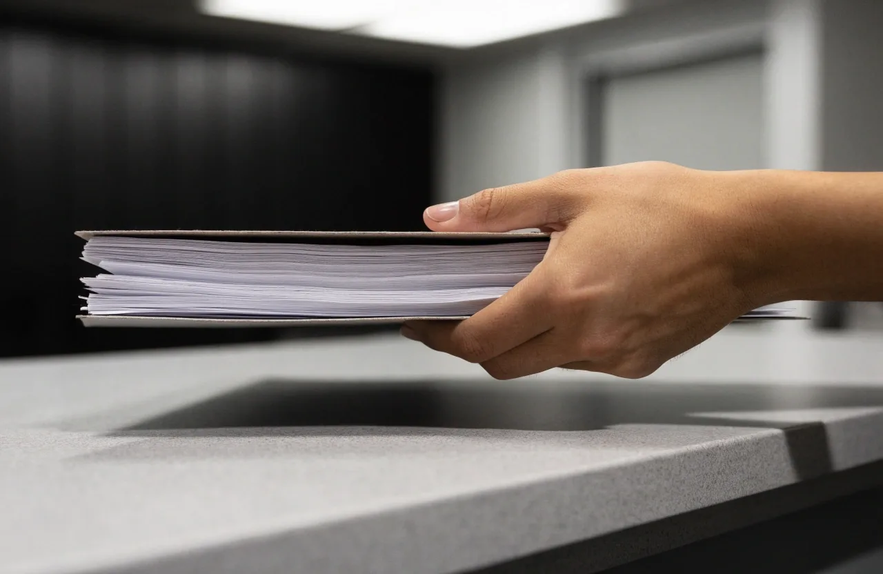 Mano sosteniendo una carpeta de documentos sobre un mostrador de oficina administrativa
