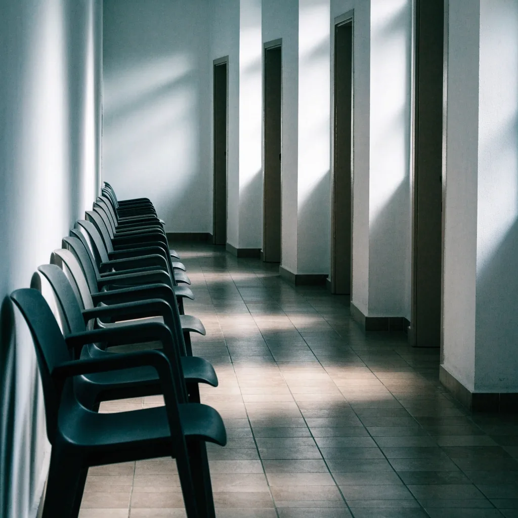 Pasillo de sala de espera con sillas y puertas cerradas sin rótulos