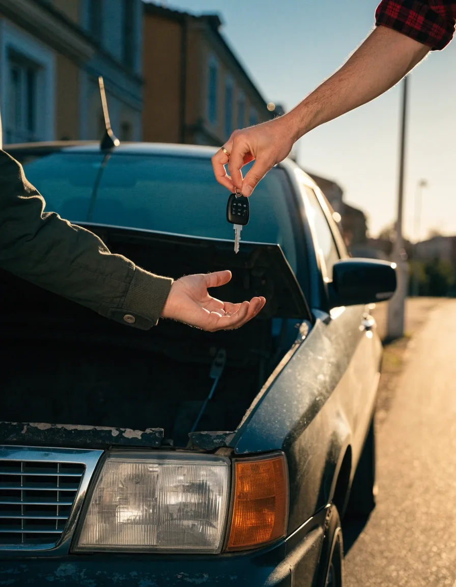 Dos manos intercambiando las llaves de un coche sobre el capó abierto